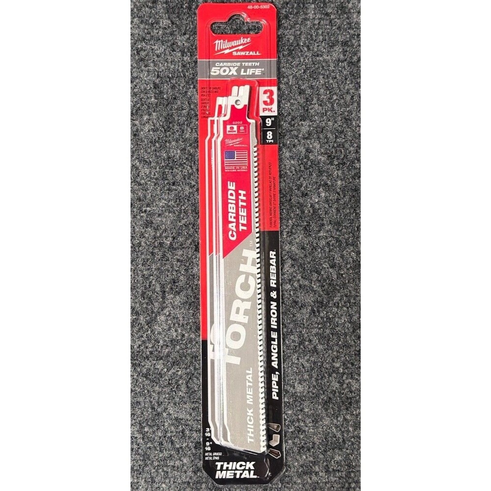 Milwaukee 48-00-5302 The TORCH 9" 8TPI Carbide Teeth SAWZALL Blades (3-Pack) New